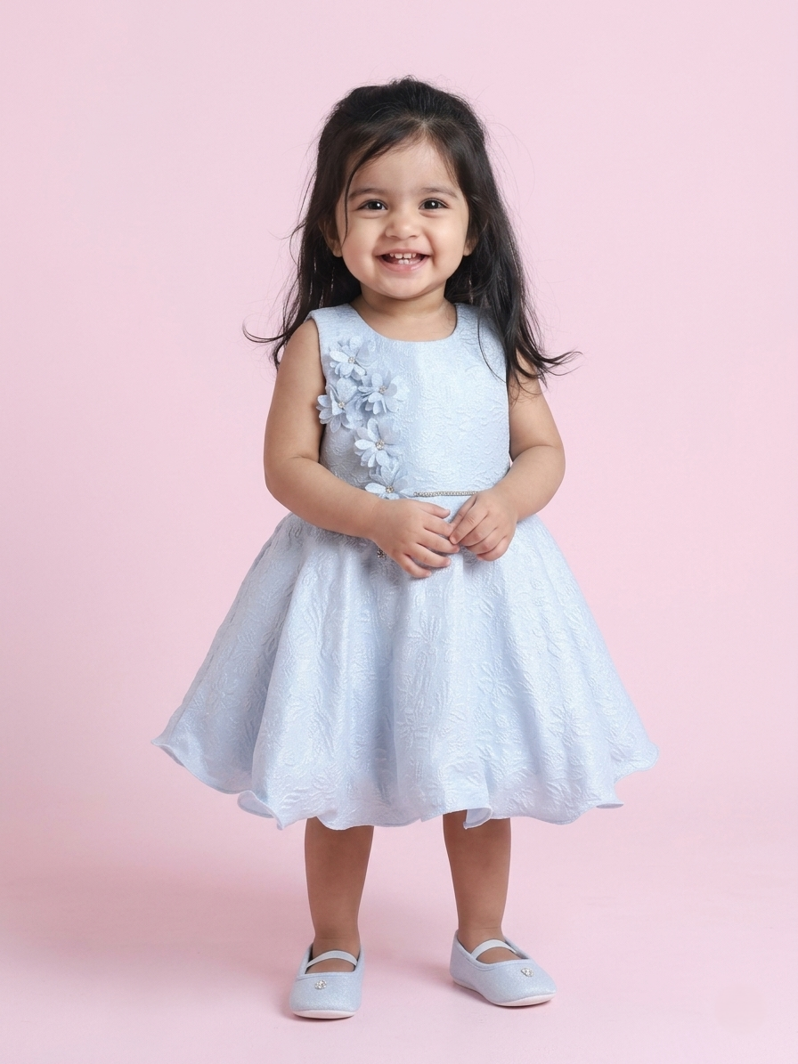 Blabber  Woven Sleveless Party Dress with Floral Embroidery Detailing & Booties