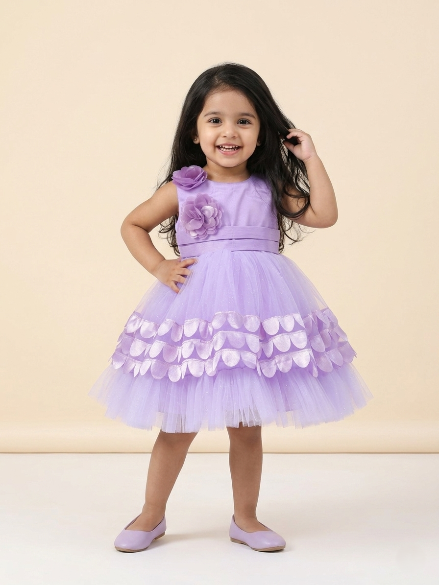 Blabber Sleeveless 3D Designe & Flower Detailing Flared Party Frock