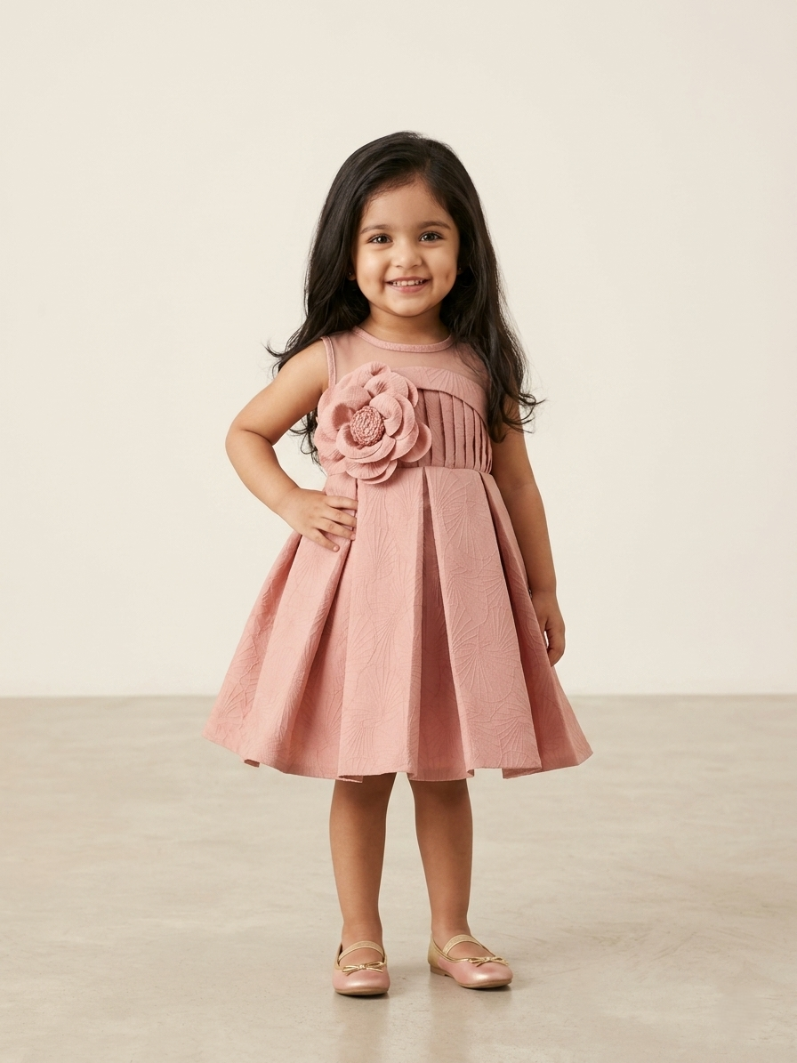 Blabber Woven Sleeveless Textured Party Wear Frock with Floral Applique