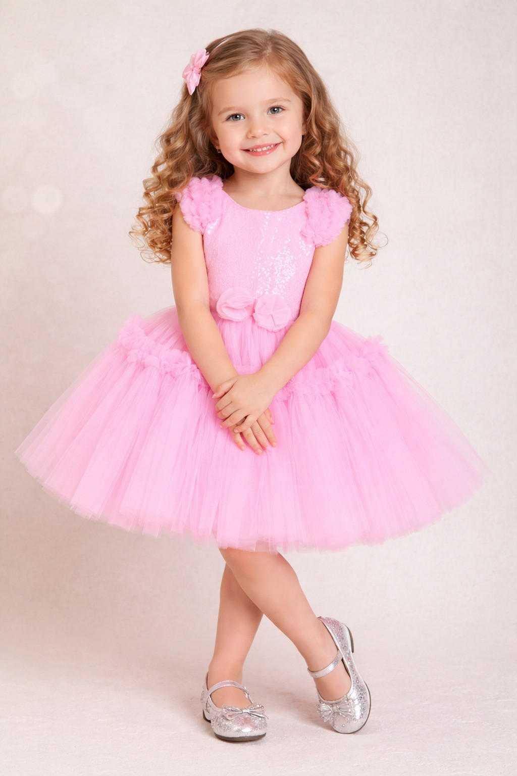 Blabber Sleeveless Floral Applique Detailed & Sequins Embellished Knee Length Layered Dress