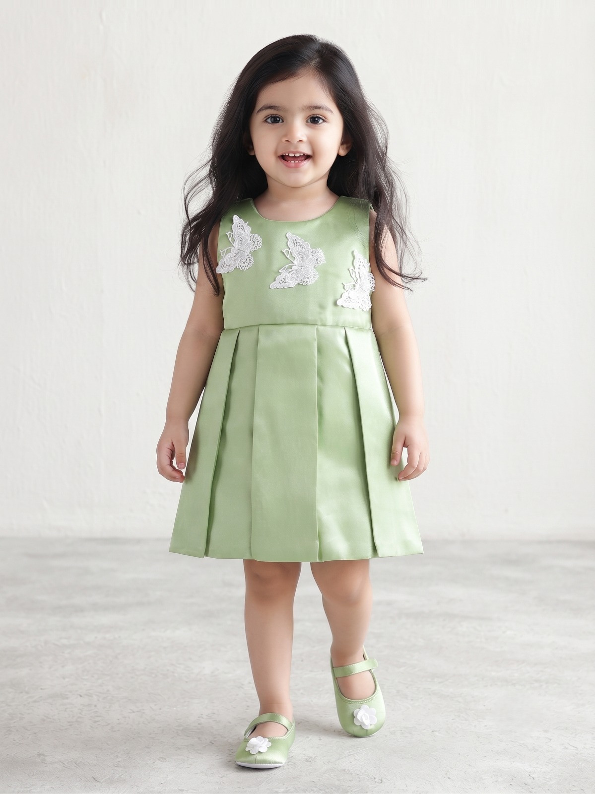 Blabber Discover our charming Pista baby girl dress and infant party wear clothing featuring delicate white lace butterfly appliques and matching shoes, perfect for special festive occasions. Shop for this adorable children's & kids' wear.